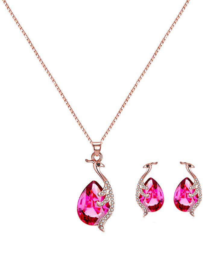 

Faux Gemstone Peacock Teardrop Necklace and Earrings, Deep pink