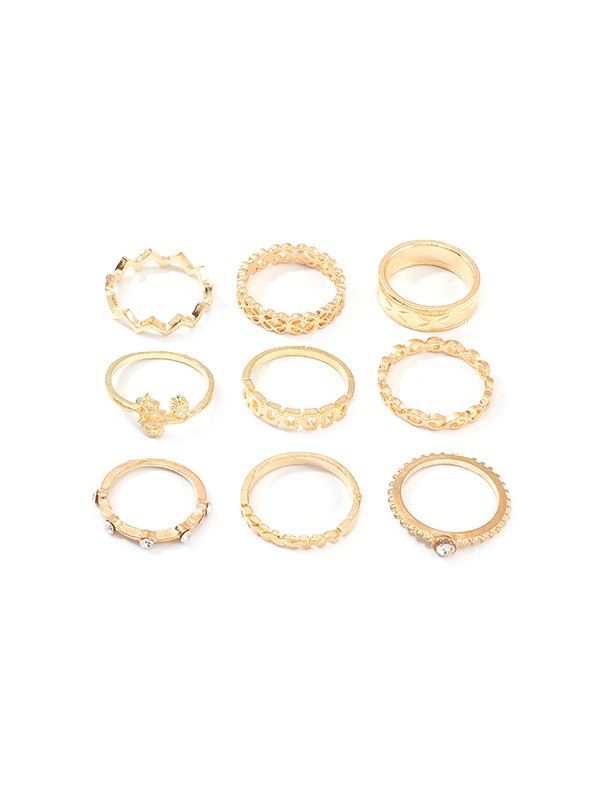 

9Pcs Rhinestone Hollow Floral Ring Set, Gold