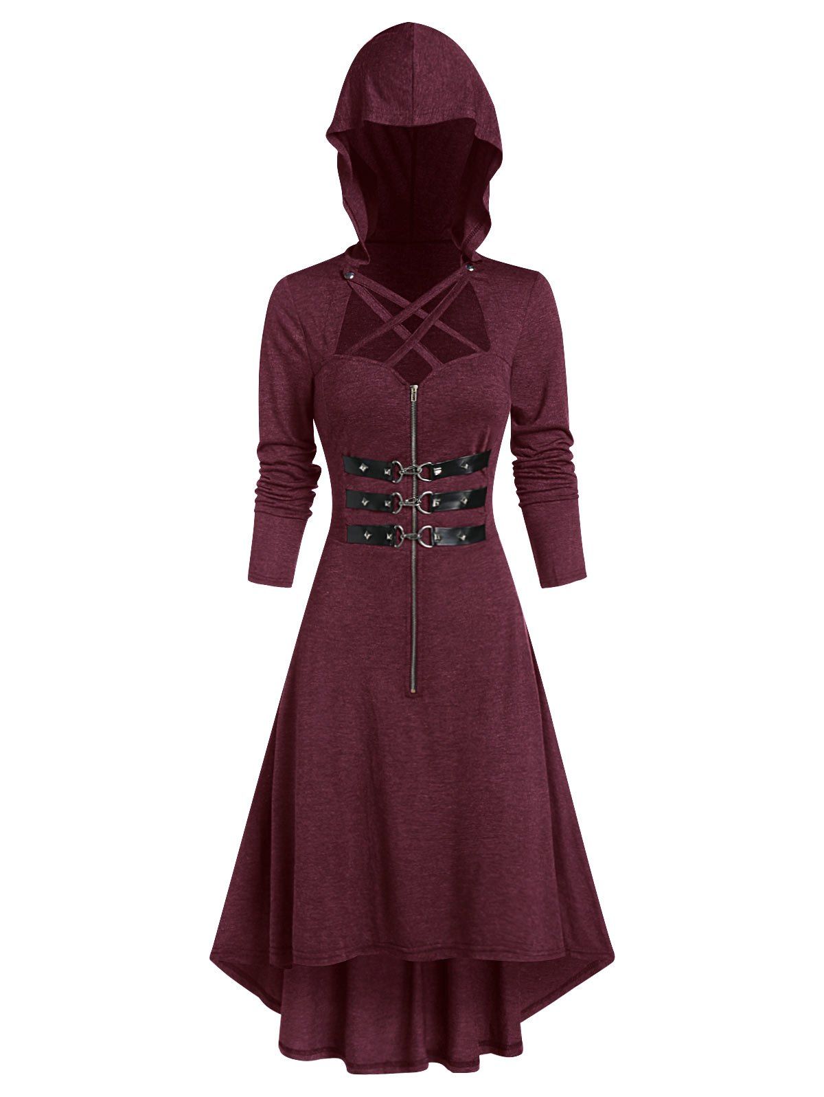 

Hooded Strappy Lobster Buckle Strap High Low Gothic Dress, Firebrick