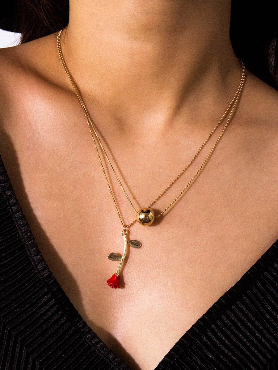 

Floral Ball Double Chain Chain Necklace, Gold