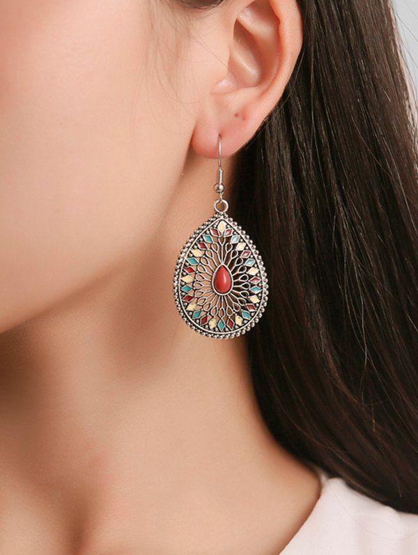 

Ethnic Teardrop-shaped Carved Hollow Earrings, Silver