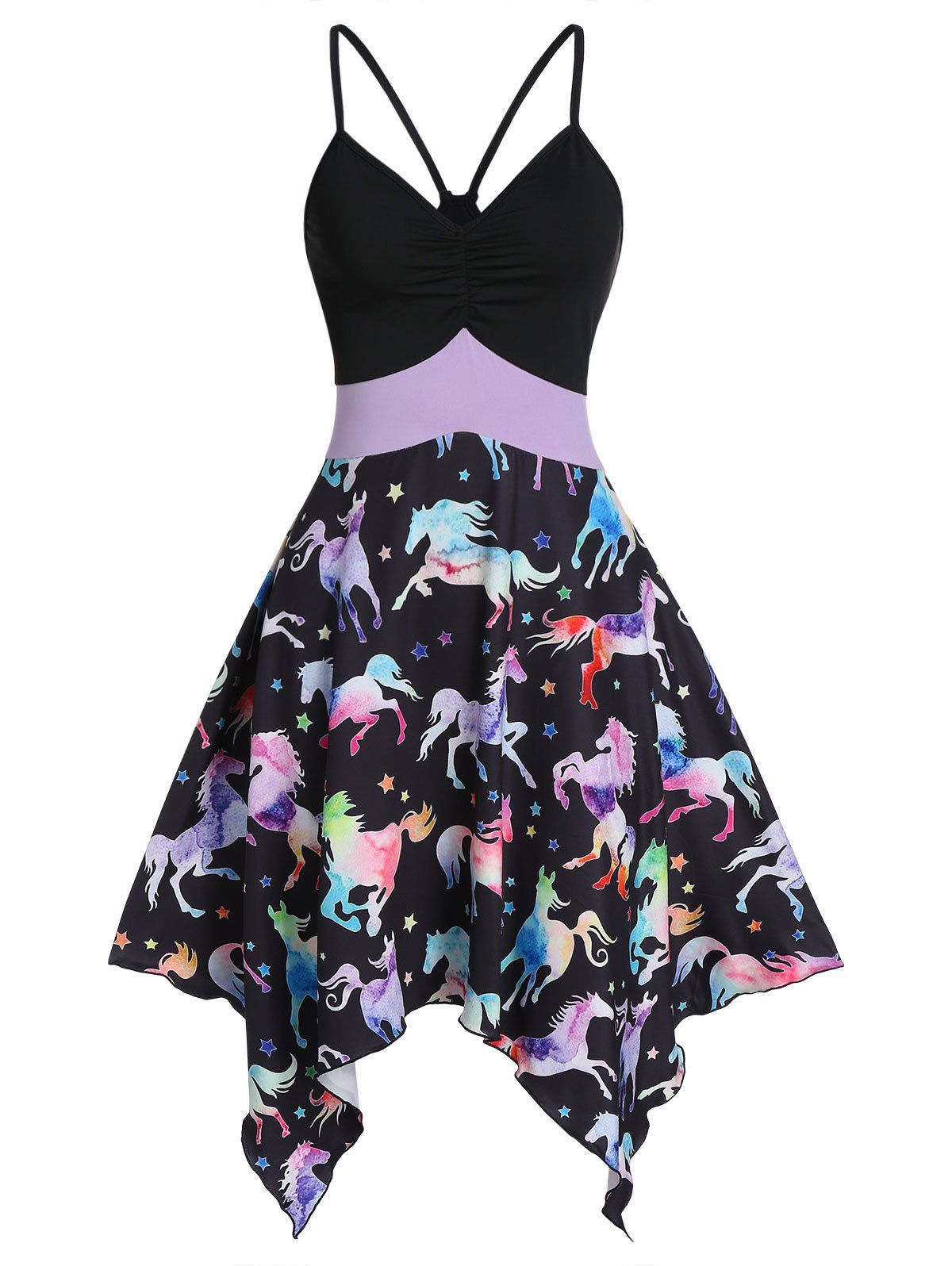 

Horse Print Ruched Handkerchief Hem Cami Dress, Multi-a