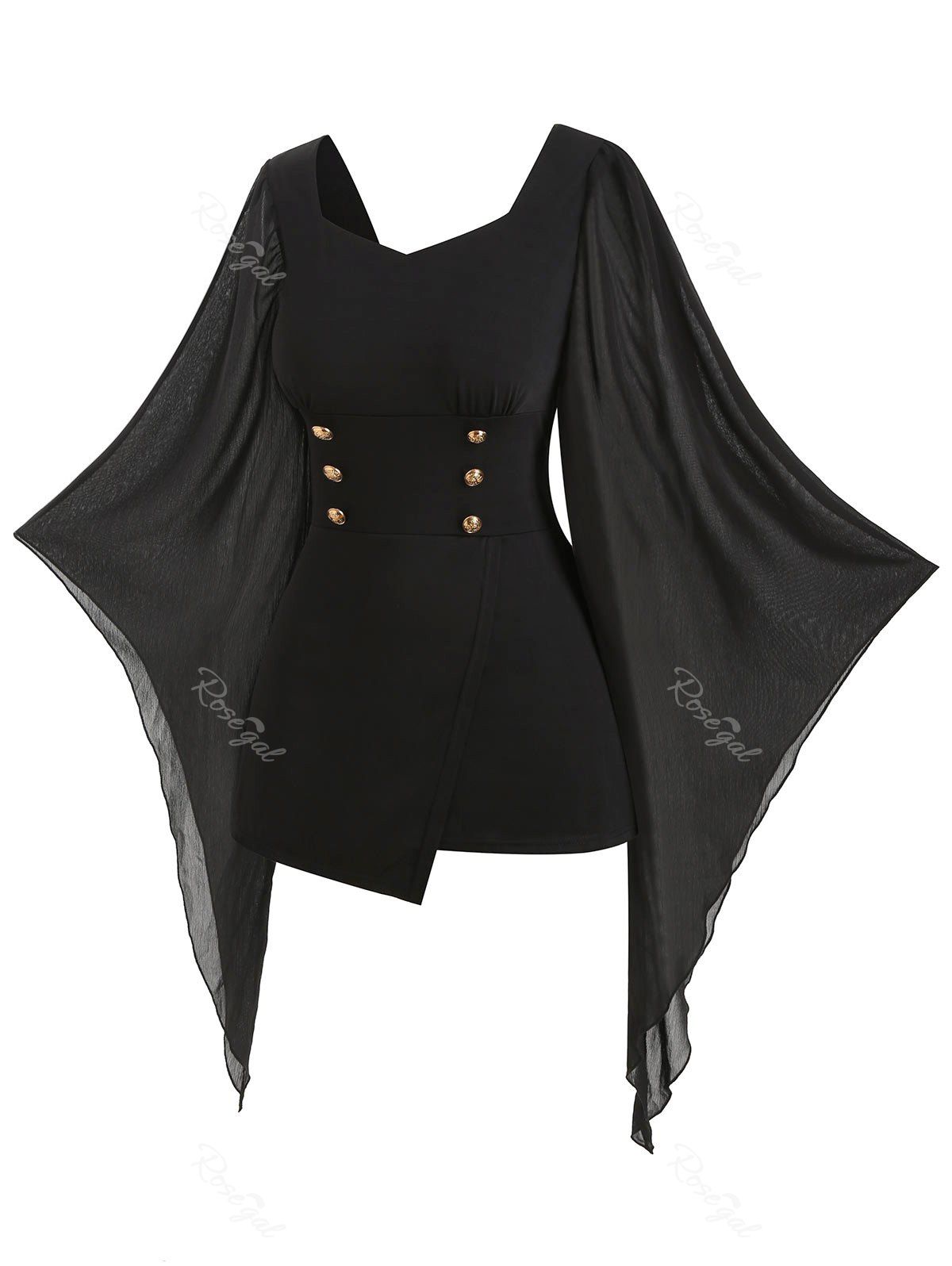 

Plus Size Chiffon Butterfly Sleeve Mock Button Asymmetric T-shirt, Black