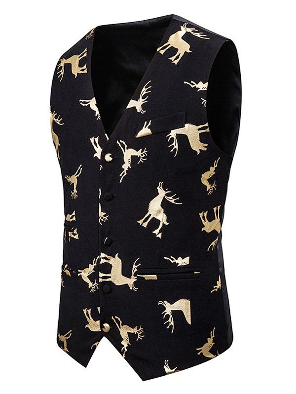 

Christmas Deer Print Single Breasted Tuxedo Vest, Gold