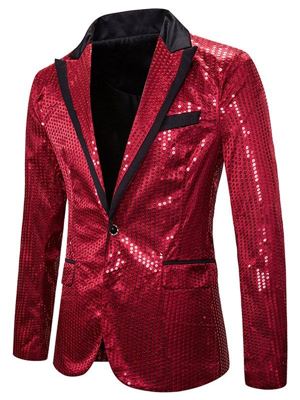 

Shiny Sequined Contrast Trim One Button Blazer, Red