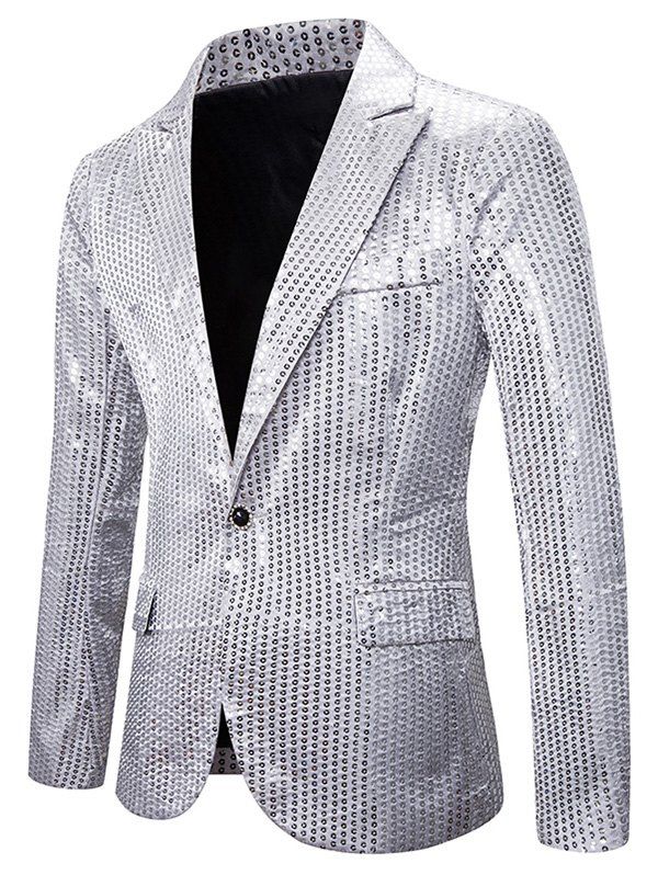 

Plain Shiny Sequined One Button Blazer, Silver