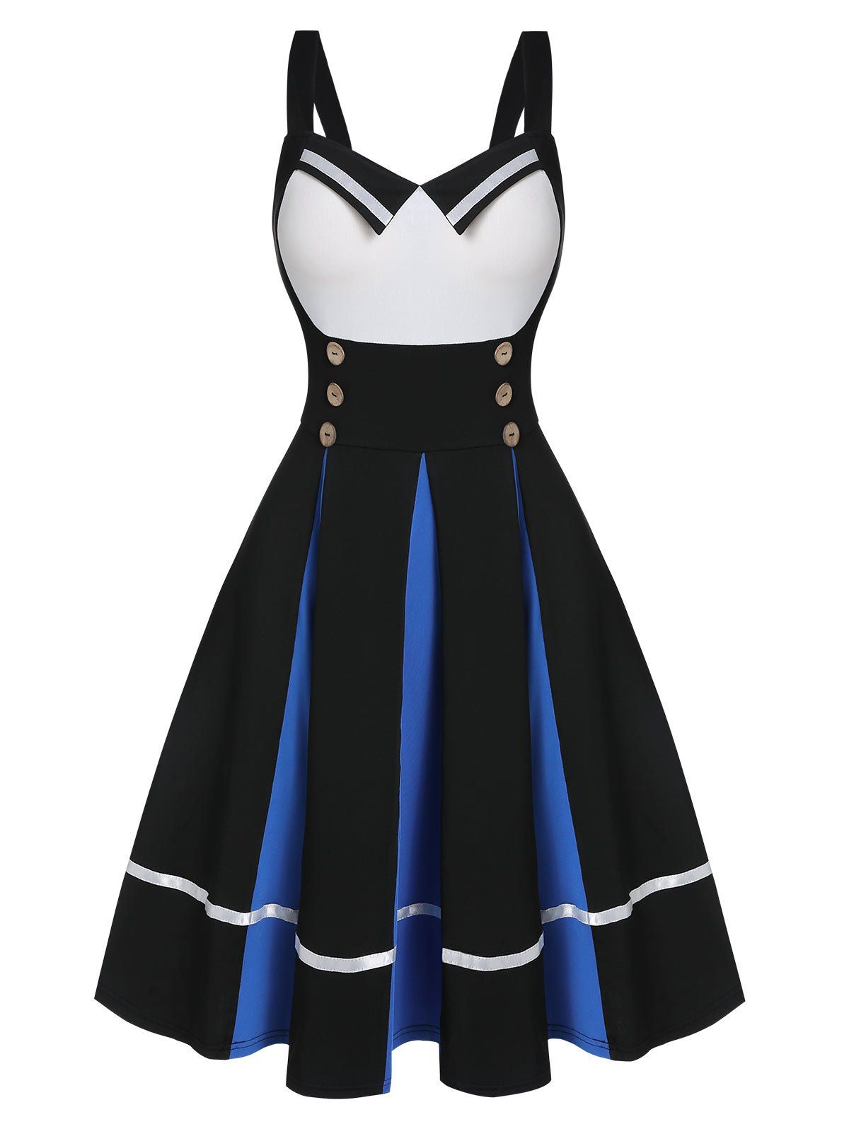 

Mock Button Sleeveless Contrast Pleated Vintage Dress, Silk blue