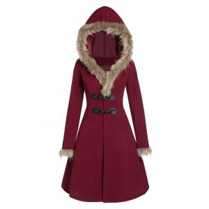 

Faux Fur Hood Longline Coat, Red wine