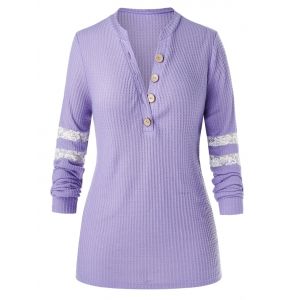 

Plus Size Half Placket Lace Panel Knitted Sweater, Purple mimosa