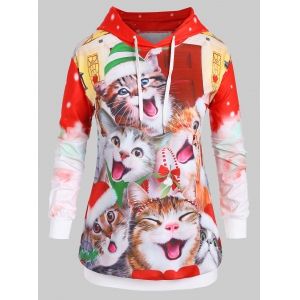 

Plus Size Christmas Drawstring Cat Print Hoodie, Red