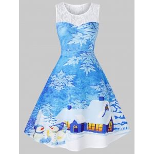 

Plus Size Christmas Snowflake House Print Vintage Swing Dress, Deep sky blue