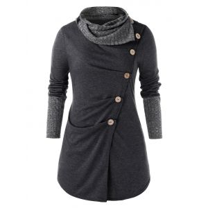 

Plus Size Buttons Ruched Cowl Neck Heathered T Shirt, Dark gray