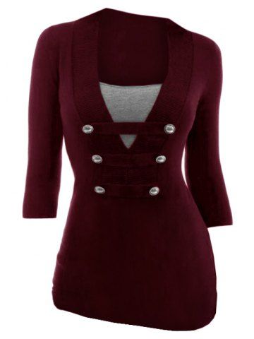 Mock Button Contrast Three Quarter Sleeves Knitwear