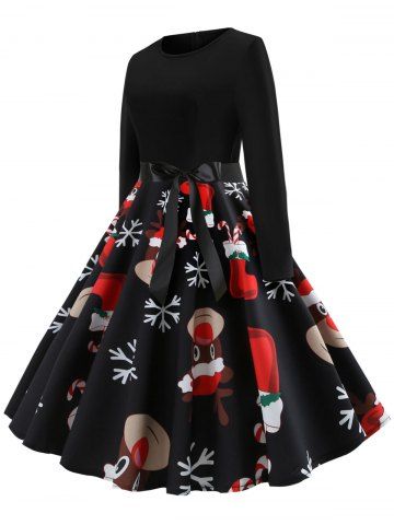 

Plus Size Christmas Elk Snowflake Belted Dress, Black