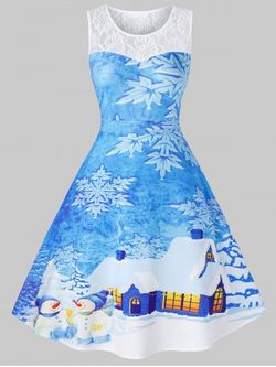 Plus Size Christmas Snowflake House Print Vintage Swing Dress - DEEP SKY BLUE - 1X