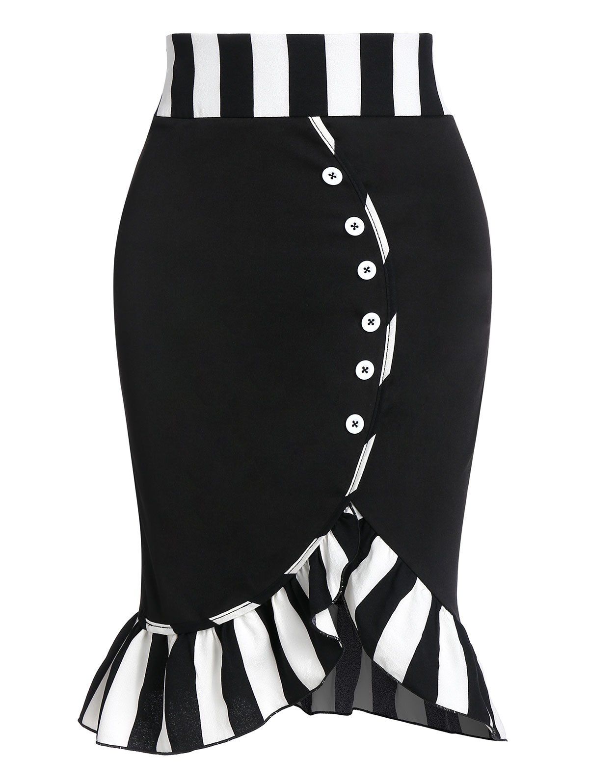 

Striped Print Mock Button Ruffle Hem Mermaid Bodycon Skirt, Black