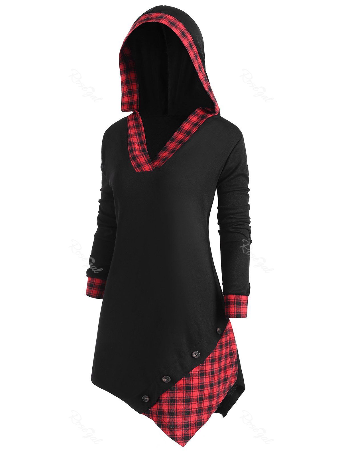 

Plus Size Plaid Hooded Button Embellished Asymmetrical T-shirt, Black