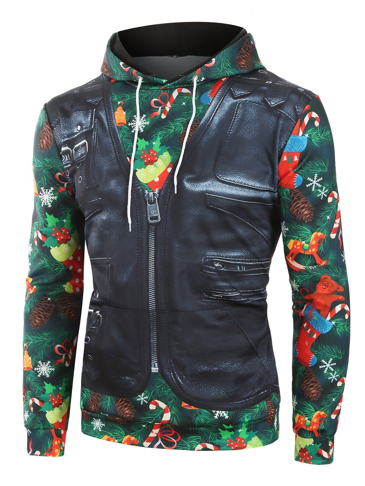 

Christmas Print Faux Twinset Front Pocket Hoodie, Multi