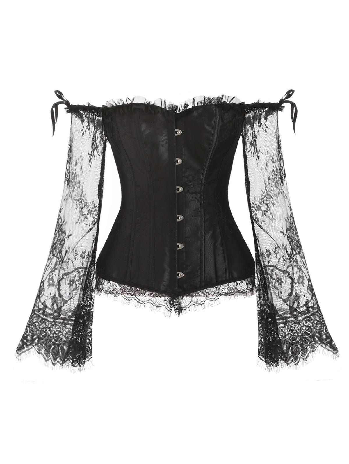 

Ruffles Lace Sleeves Steel Boned Corset Set, Black
