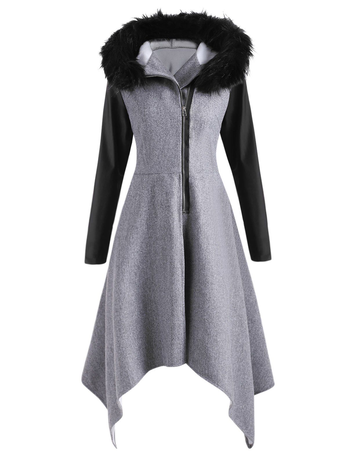 

Faux Fur Hooded Longline Asymmetrical Coat, Gray
