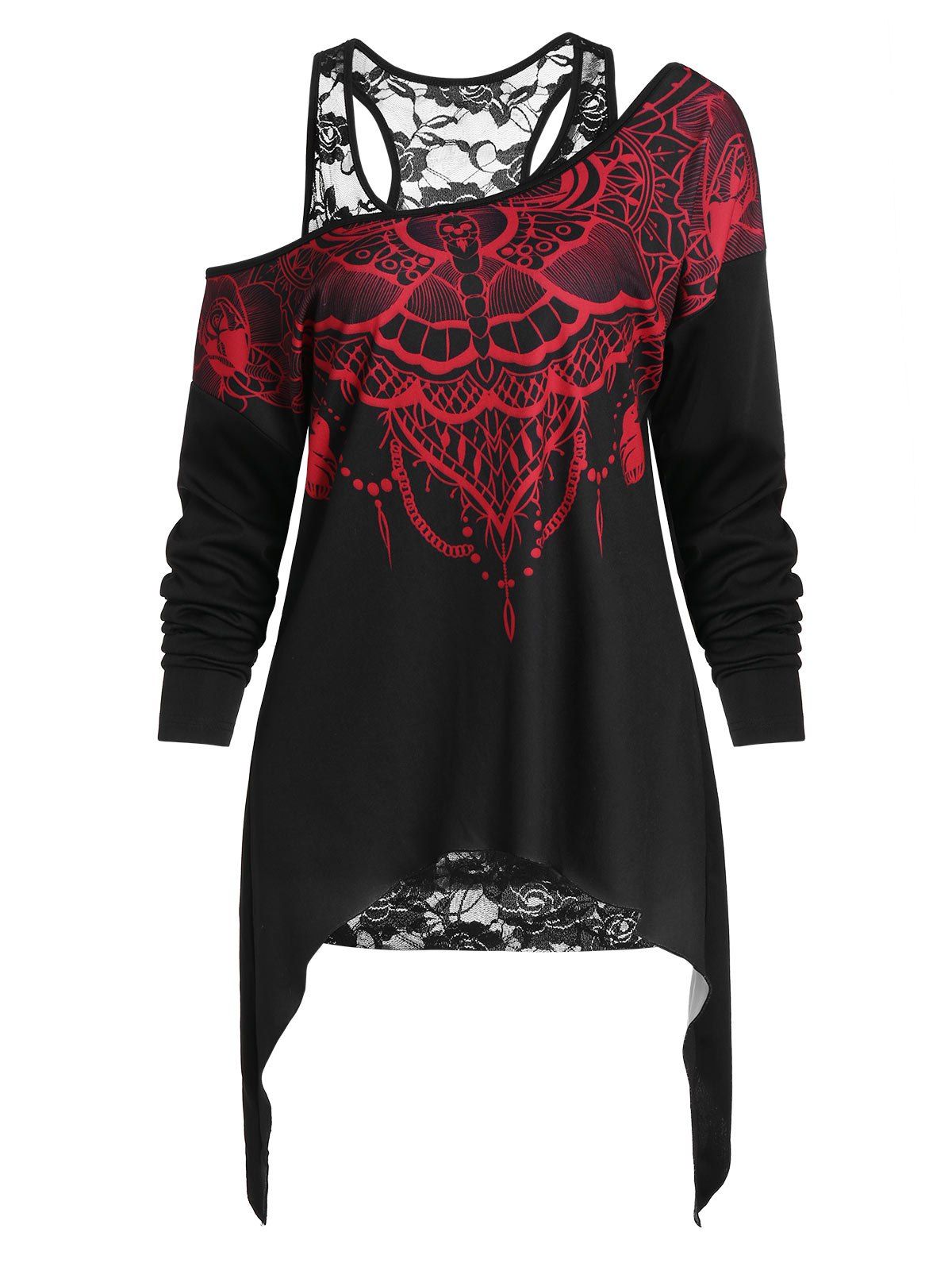 

Tribal Print Asymmetric Sweatshirt with Flower Lace Tank Top, Black