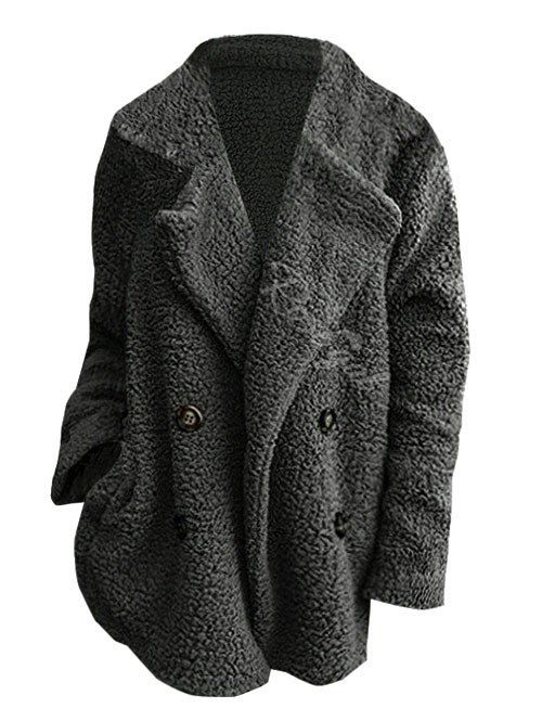 

Lapel Seam Pockets Double Breasted Plus Size Teddy Coat, Dark gray