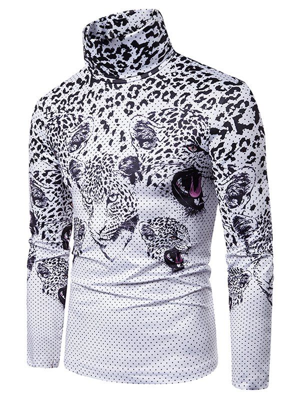 

Leopard Polka Dots Print Turtleneck Long Sleeve T-shirt, White