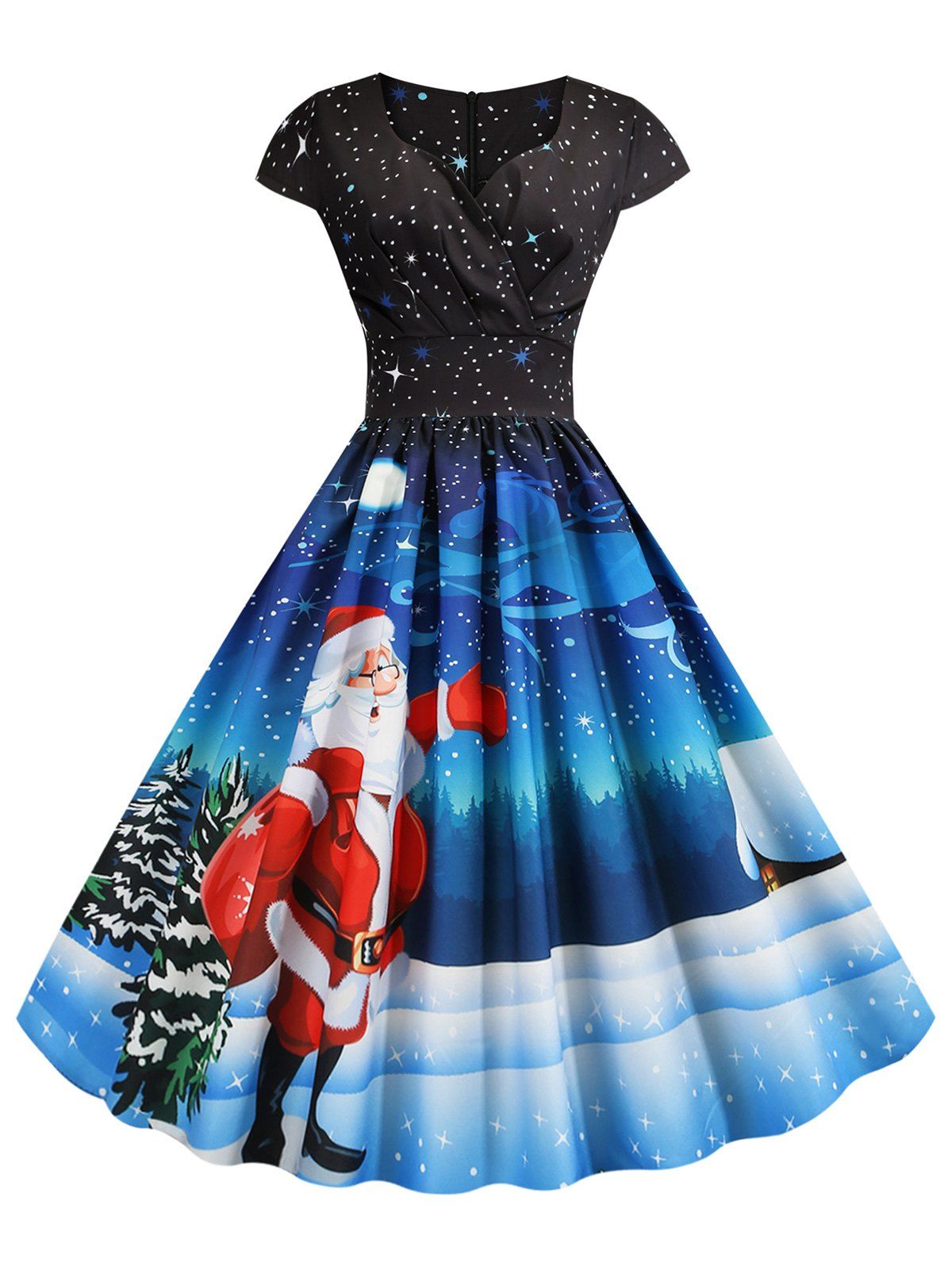 

Pleated Christmas Santa Claus Elk Snowman Print Surplice Dress, Black