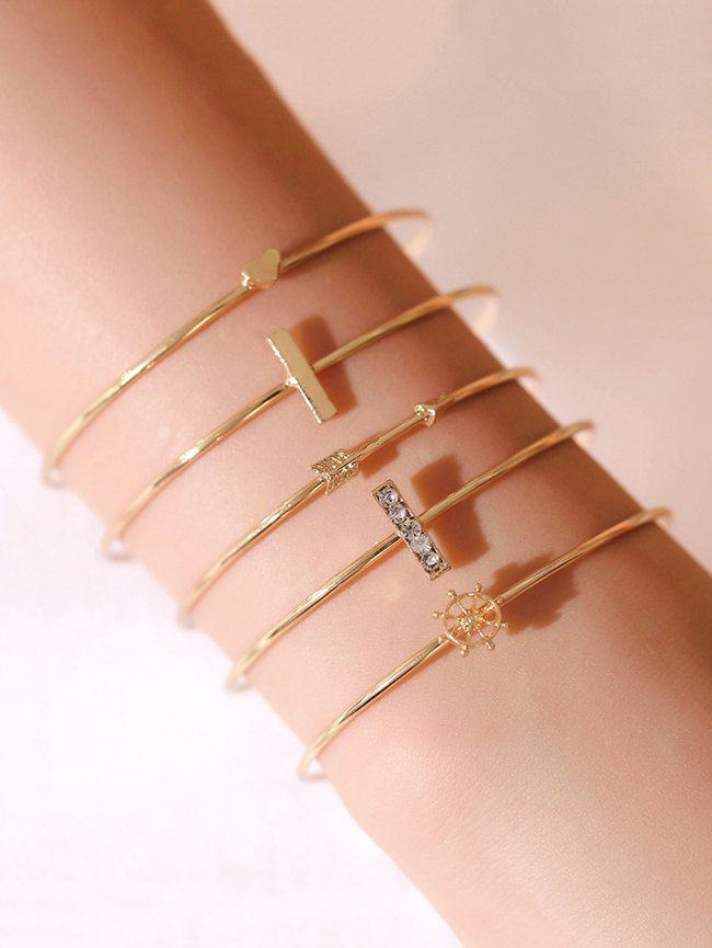 

5Pcs Heart Arrow Cuff Bracelet Set, Gold