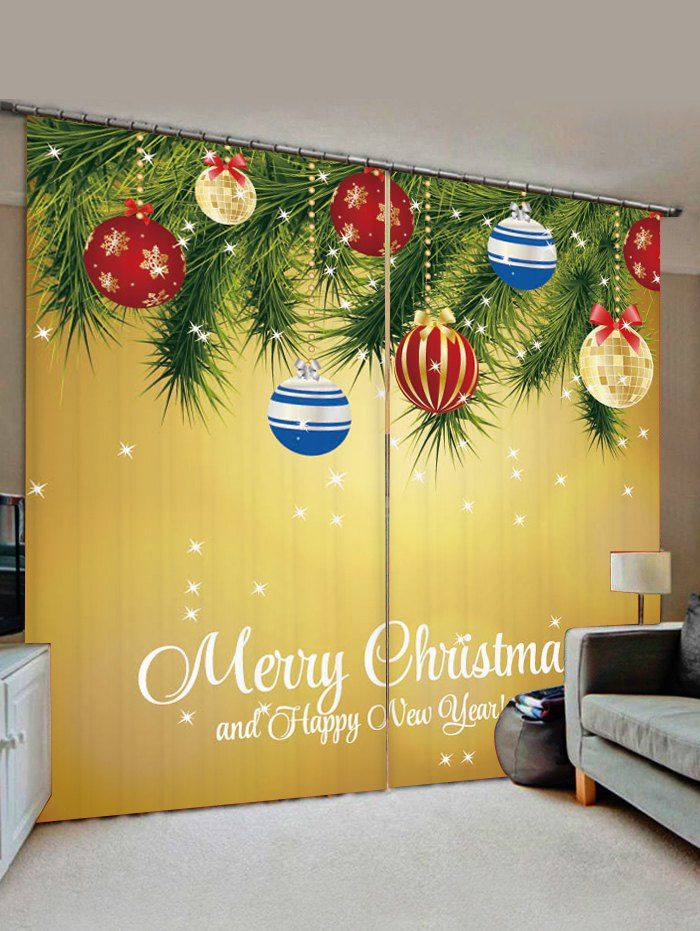 

2 Panels Christmas Tree Balls Greeting Print Window Curtains, Golden brown