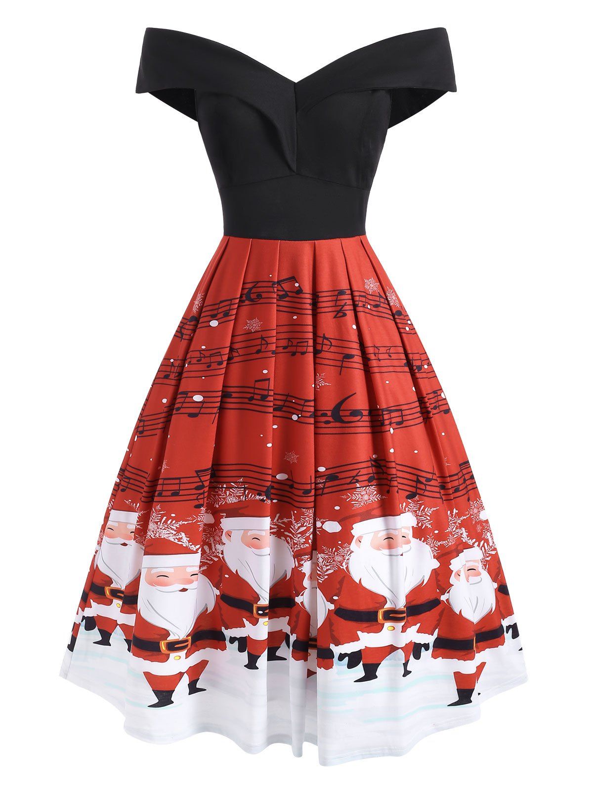 

Folded Off Shoulder Christmas Santa Claus Musical Note Dress, Black