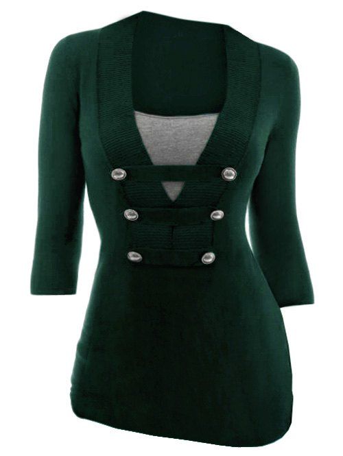 

Mock Button Contrast Three Quarter Sleeves Knitwear, Green