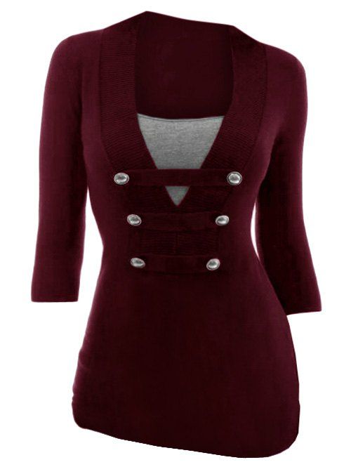 

Mock Button Contrast Three Quarter Sleeves Knitwear, Red wine