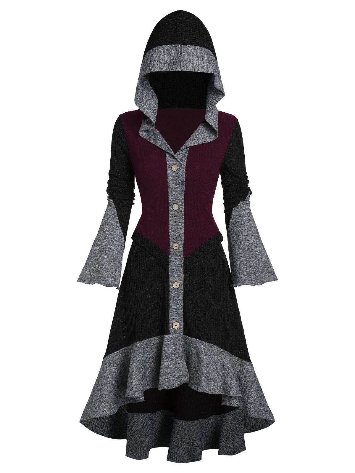 

Hooded Contrast Ribbed Button Up High Low Cardigan, Multi-b