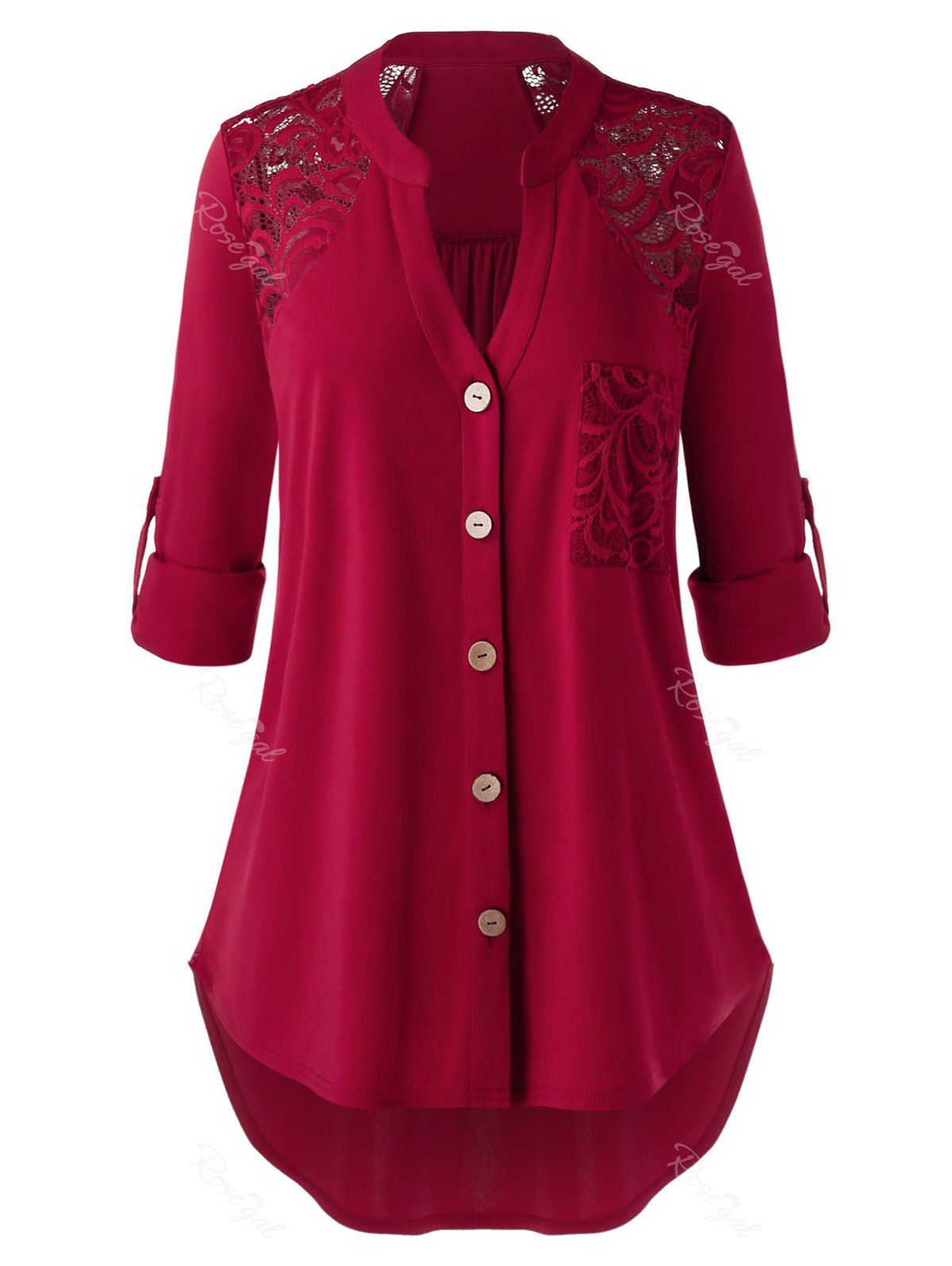 

Plus Size Pocket Lace Panel Roll Tab Sleeve Curved Blouse, Red wine