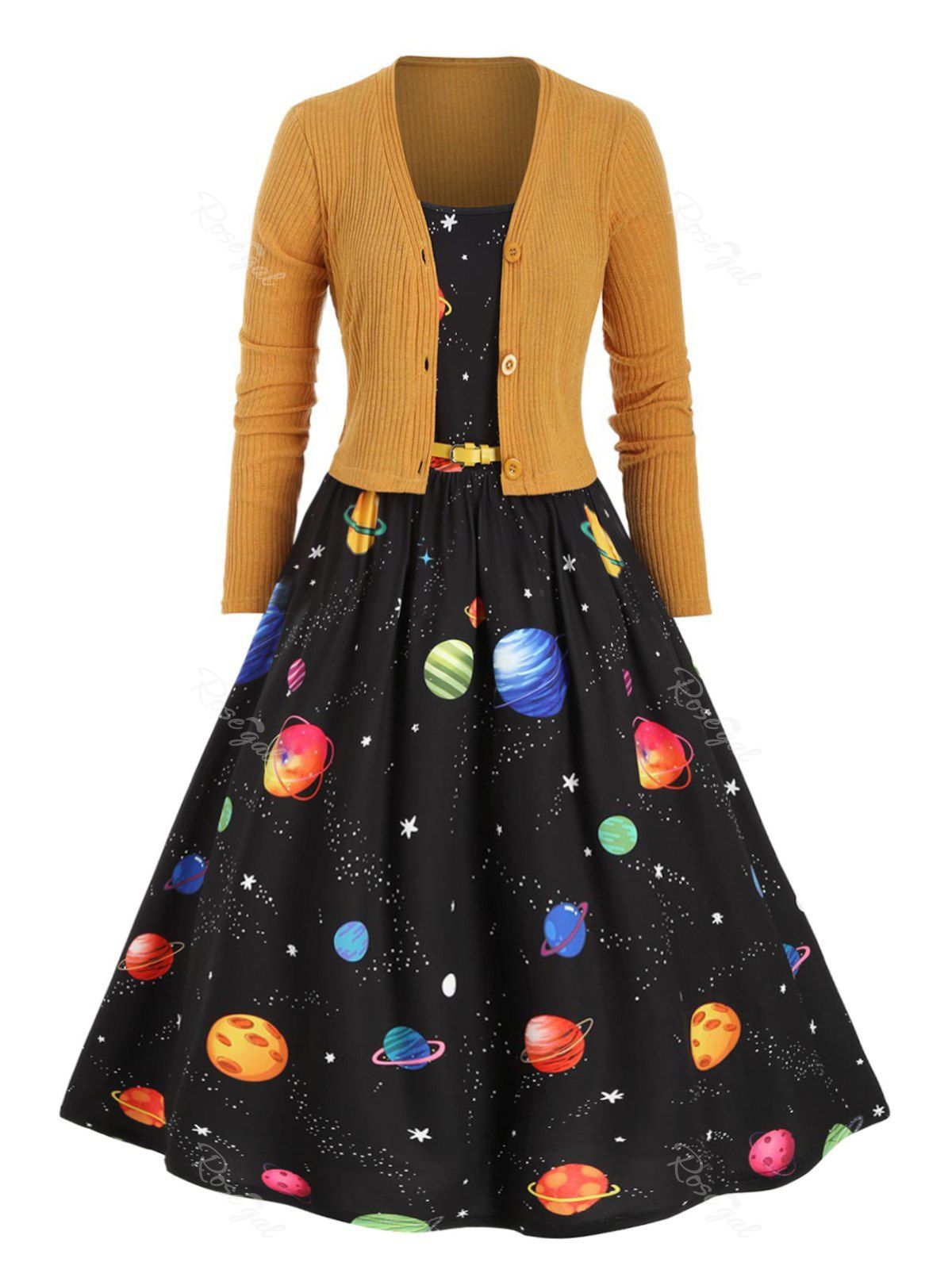 

Plus Size Planet Print Dress with Cropped Cardigan, Black