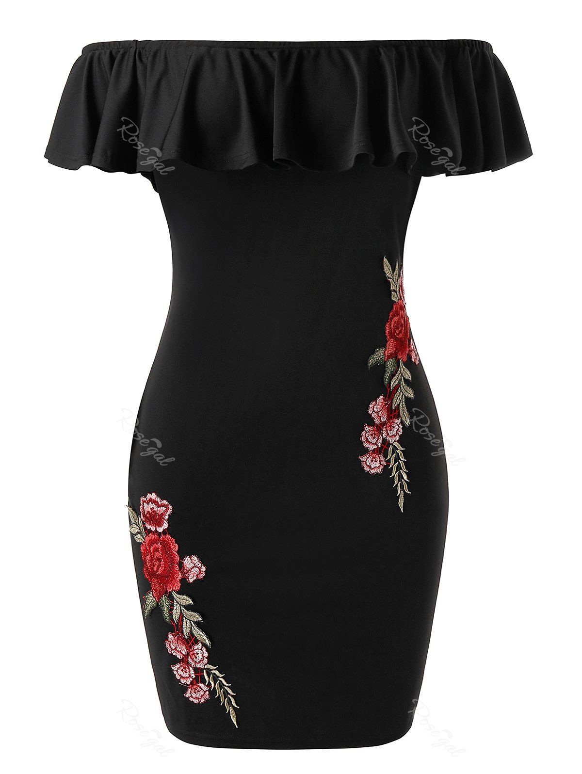 

Plus Size Embroidered Flower Ruffle Fitted Dress, Black
