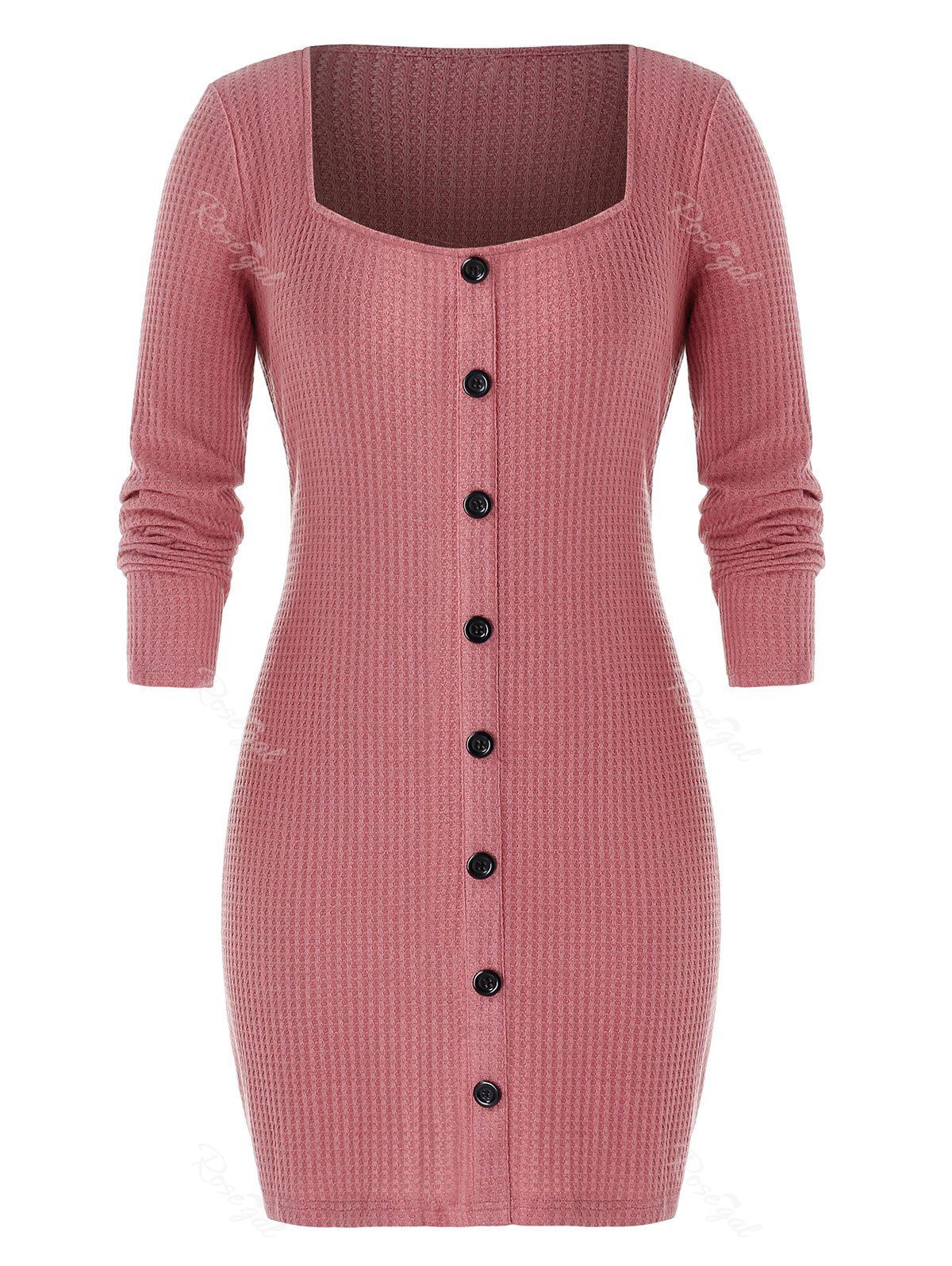 

Plus Size Square Neck Mock Button Slim Long Sweater, Rose