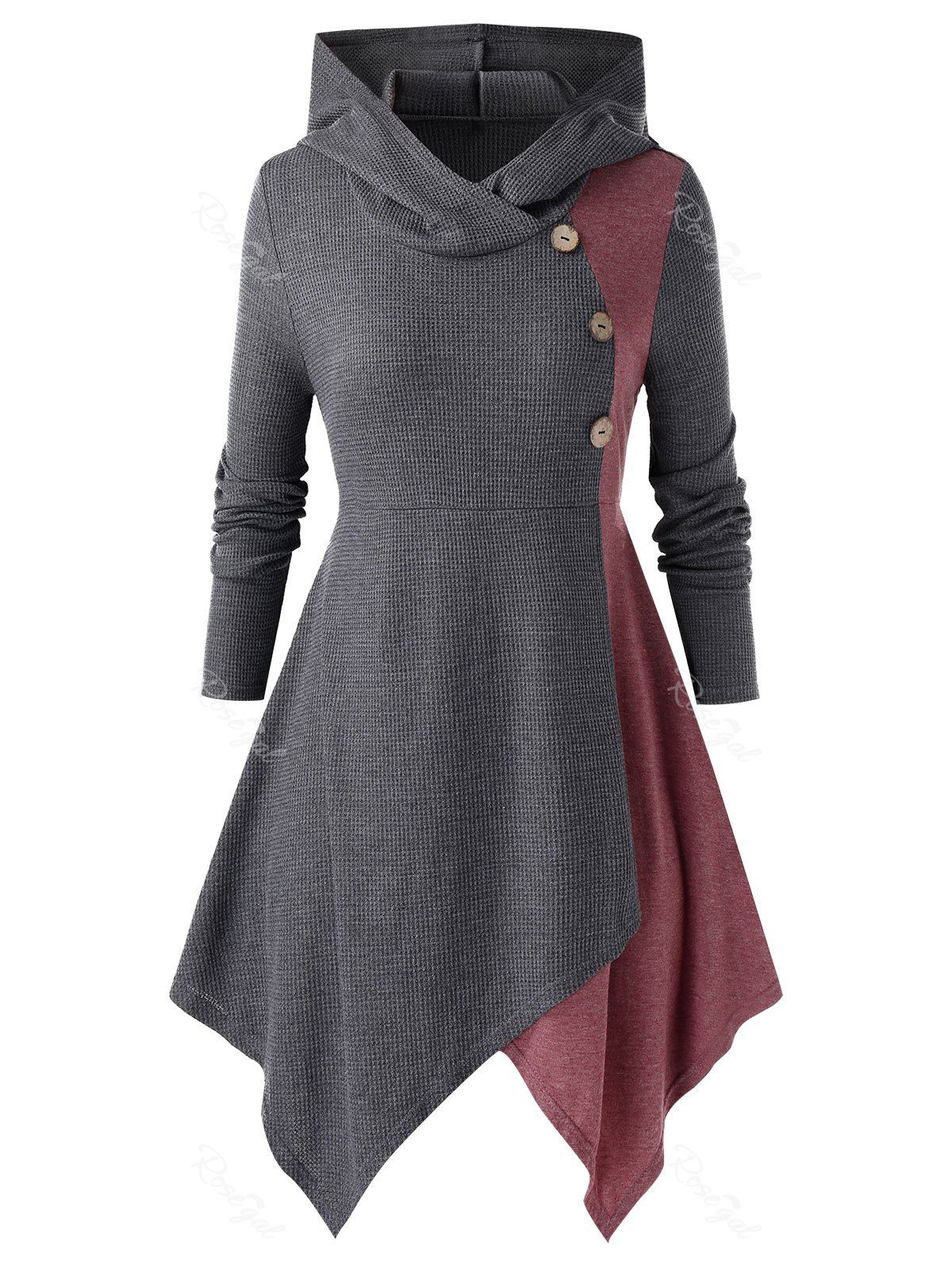 

Plus Size Button Hooded Space Dye Panel Top, Dark gray