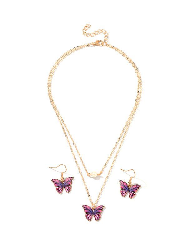

Butterfly Pendant Layers Necklace Earrings Set, Purple