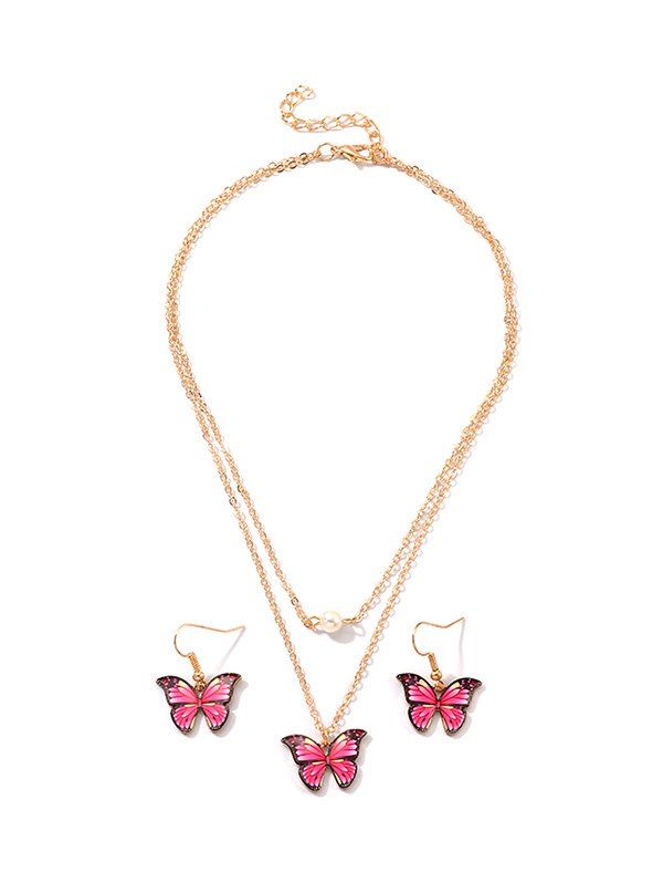 

Butterfly Pendant Layers Necklace Earrings Set, Rose red