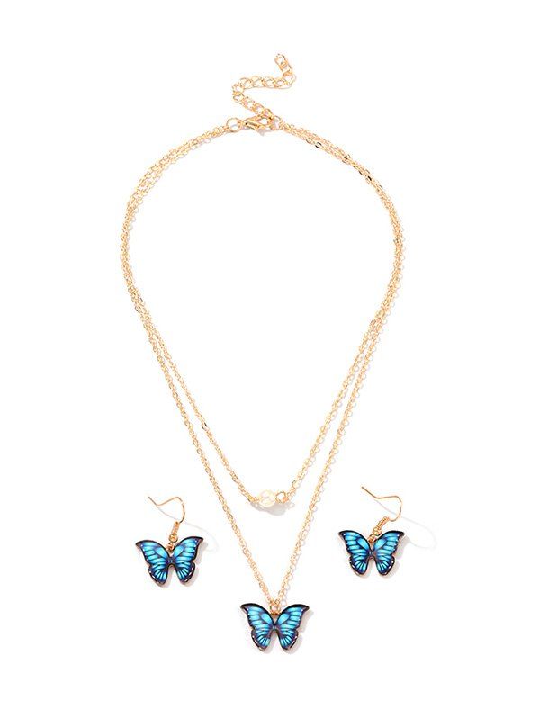 

Butterfly Pendant Layers Necklace Earrings Set, Blue