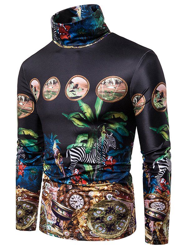 

Tropical Plant Animal Retro 3D Print Turtleneck T-shirt, Multi