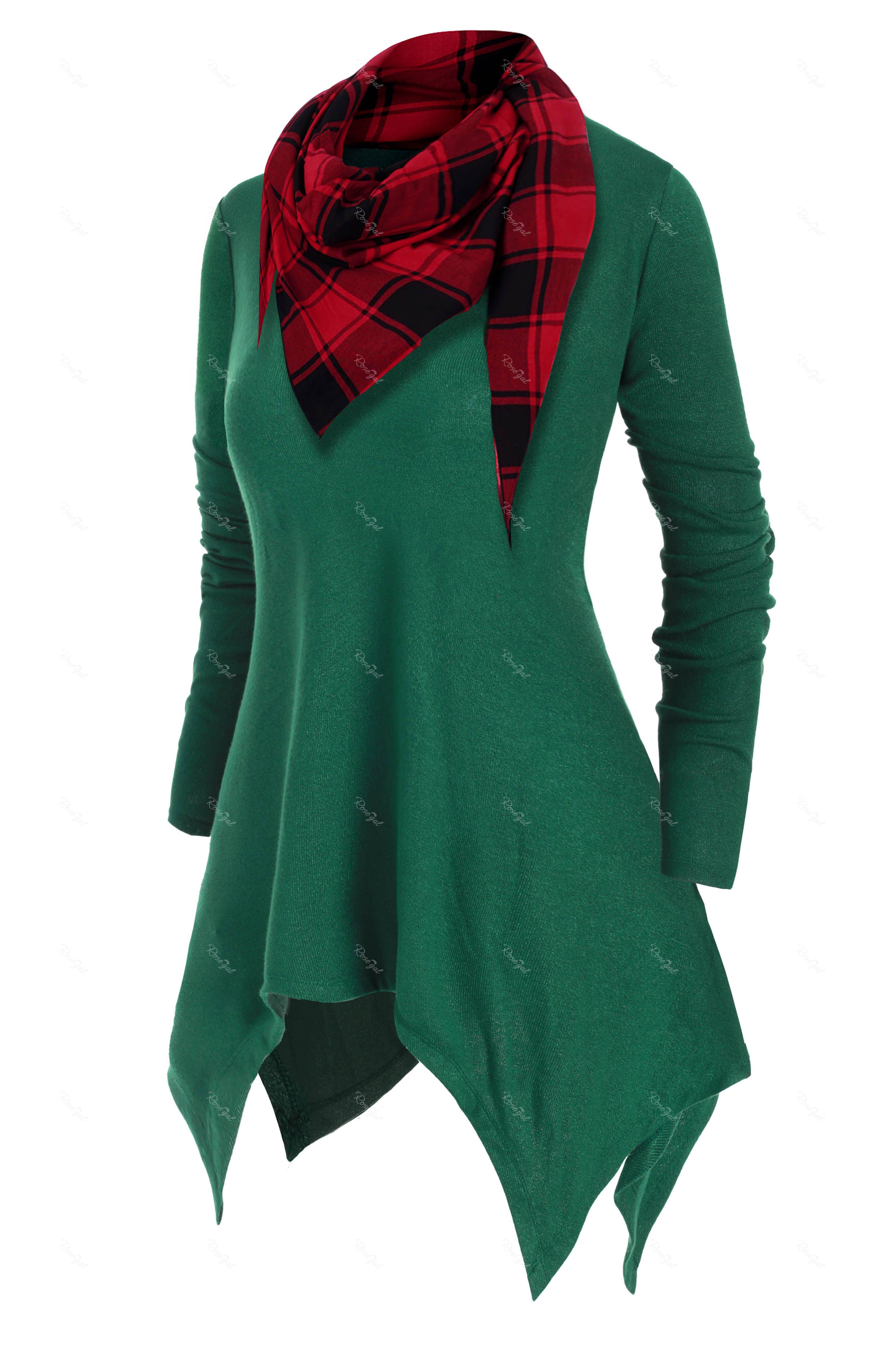 

Handkerchief V Neck Plus Size Knitwear With Plaid Scarf, Multi-a