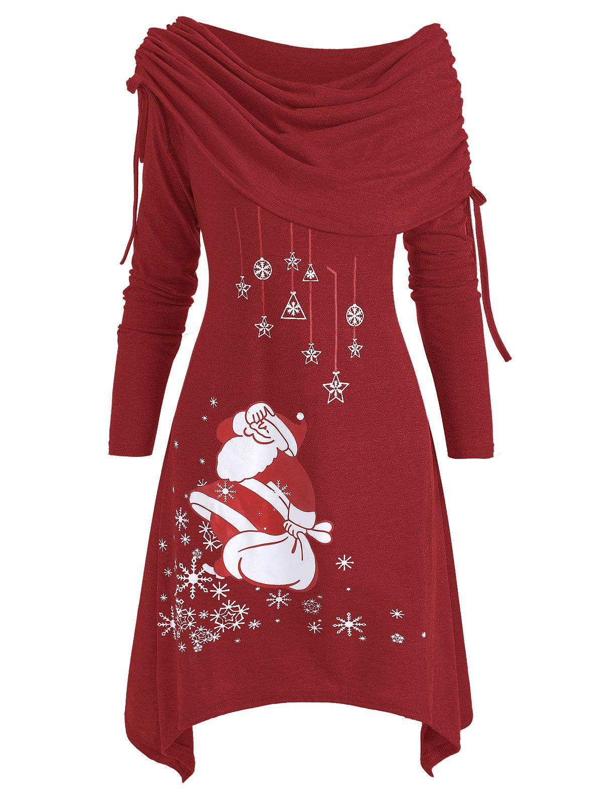 

Christmas Santa Claus Cinched Off Shoulder Asymmetrical Dress, Red
