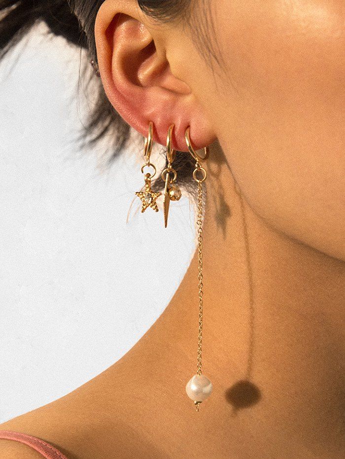 

3Pcs Faux Pearl Geometric Star Earrings Set, Gold