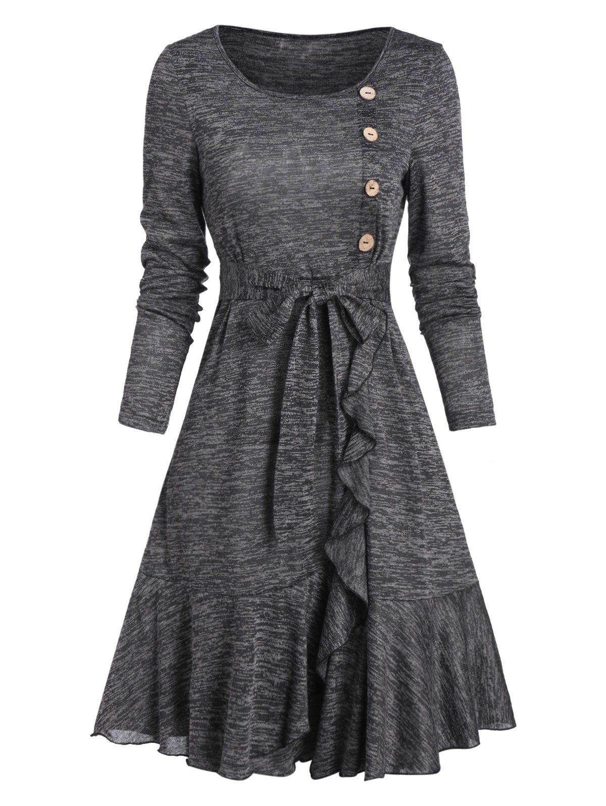

Mock Button Belted Ruffled Hem Dress, Light gray