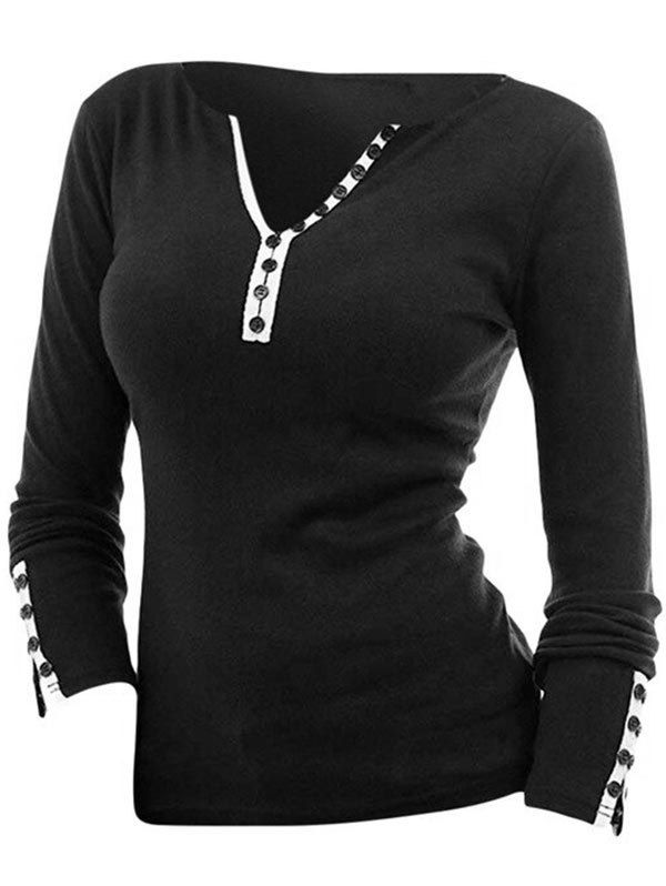 

V Neck Contrast Trim Button T Shirt, Black