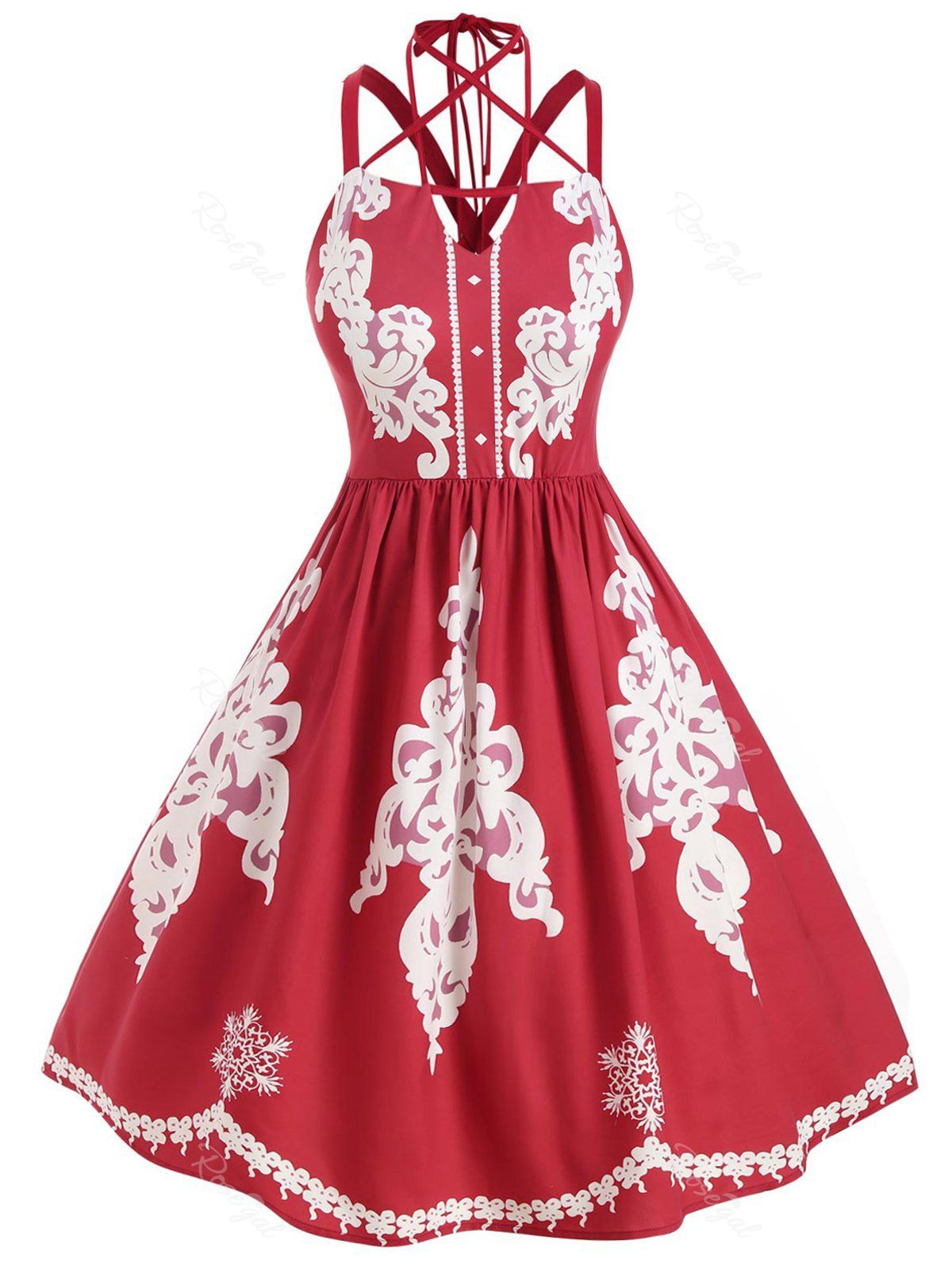 

Plus Size Criss Cross Tribal Print Fit and Flare Dress, Red