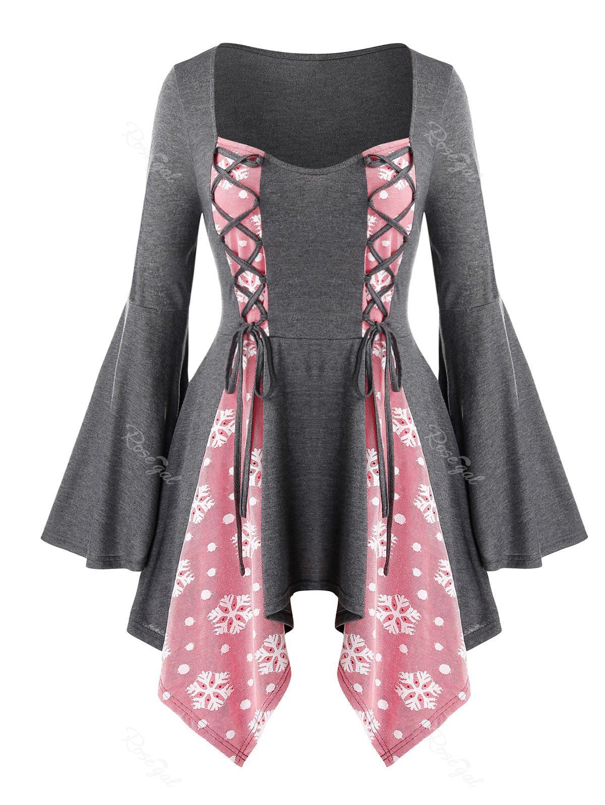 

Plus Size Flare Sleeve Lace Up Handkerchief Christmas T Shirt, Gray